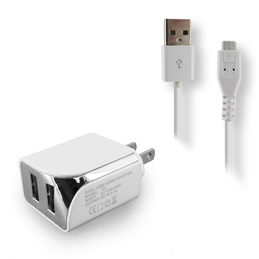 Dual USB Home Charger with Micro 5ft Cable 2.1A- WHITE