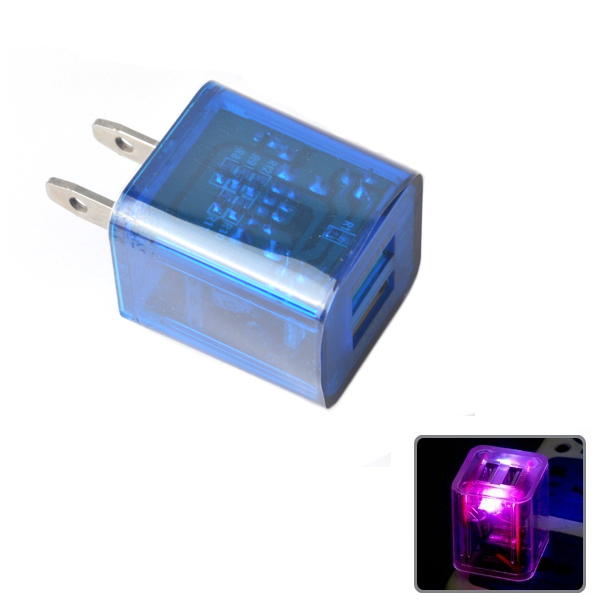Dual USB with LED Light  AC Wall Charger Adapter Blue